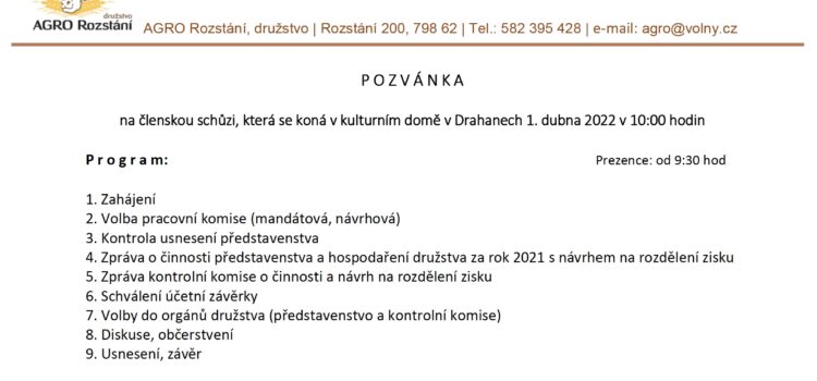 Pozvánka na na členskou schůzi AGRO Rozstání družstvo 2022