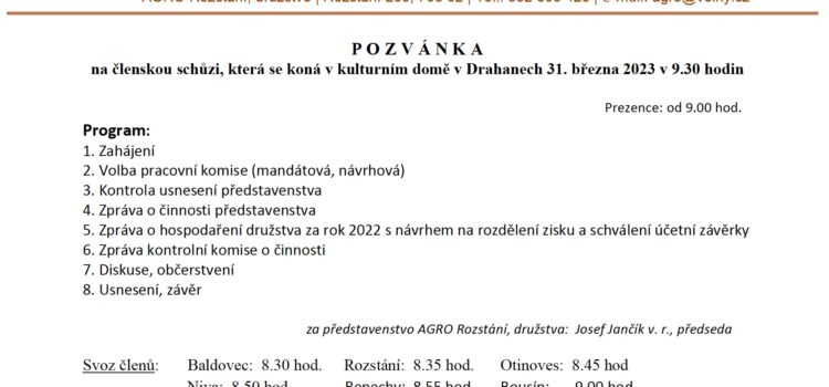 Pozvánka na na členskou schůzi AGRO Rozstání družstvo 2023