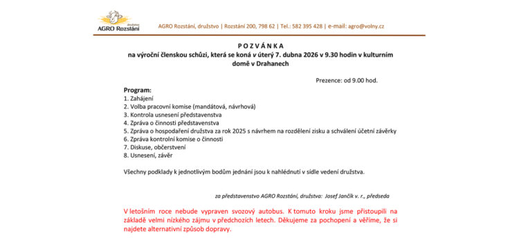 Pozvánka na na členskou schůzi AGRO Rozstání družstvo 2026